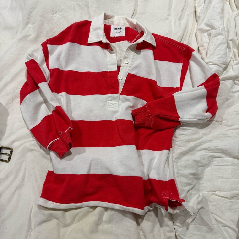 Aerie Red and White Striped rugby Polo Shirt